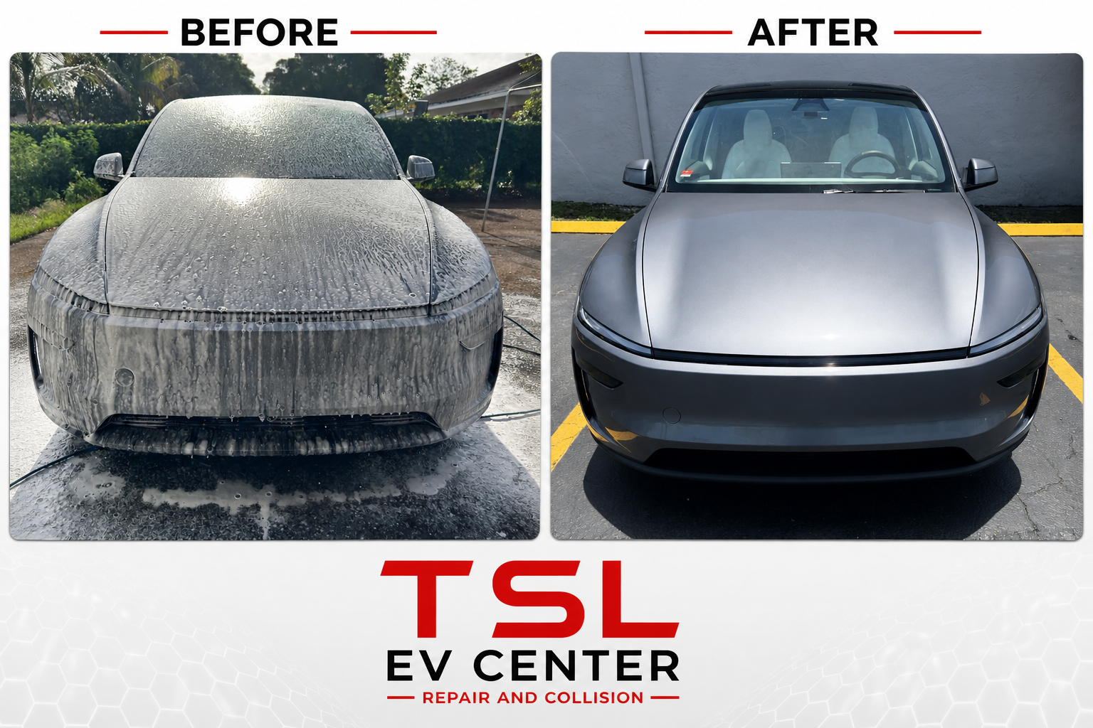 Tesla Model Y new generation front bumper collision repair before and after TSL EV Center South Florida