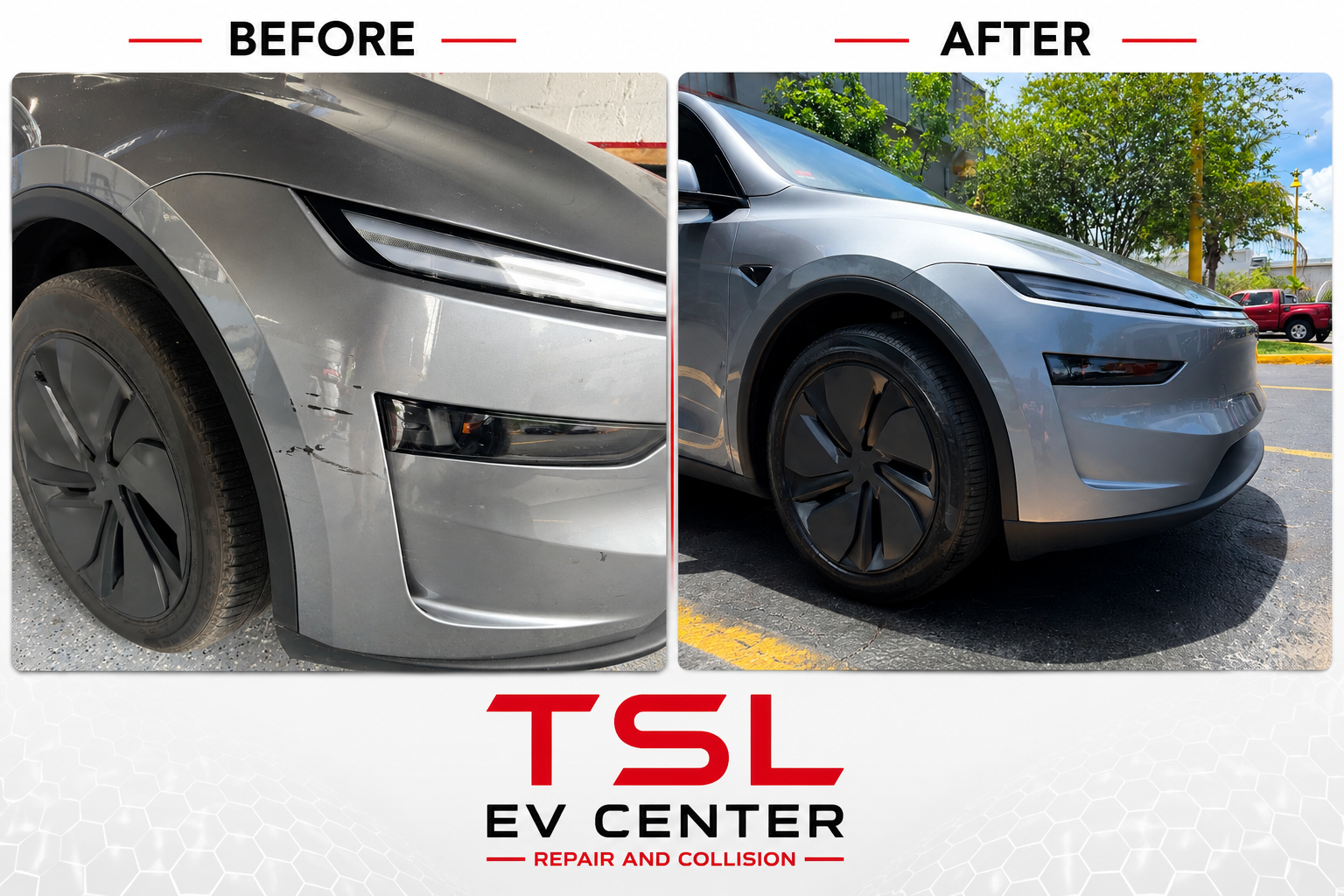 Tesla Model Y fender front corner collision repair before and after TSL EV Center South Florida