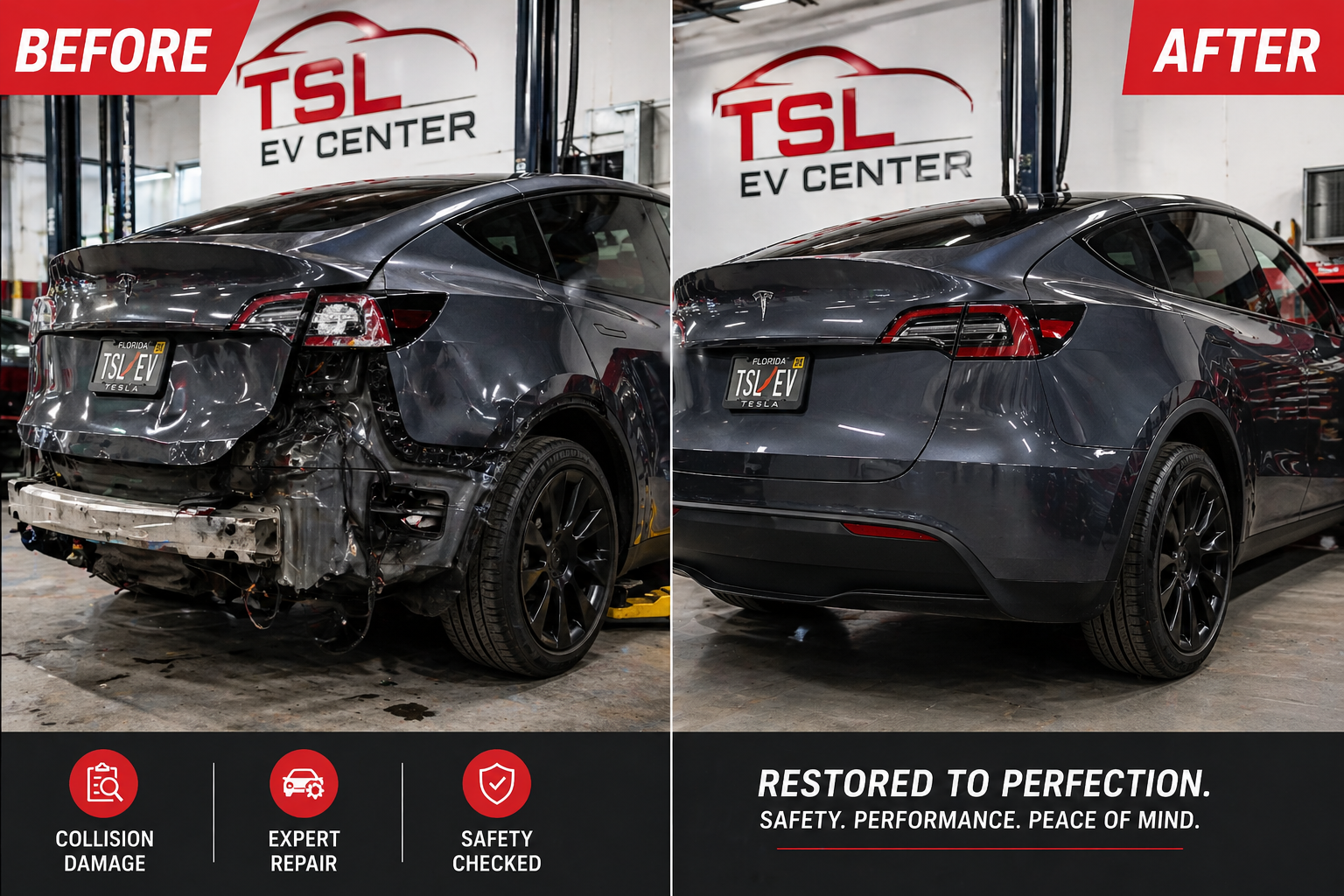 Tesla Model Y collision repair before and after South Florida