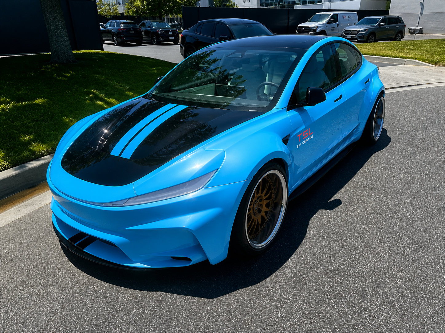 Tesla Model 3 custom blue wrap at TSL EV Center South Florida